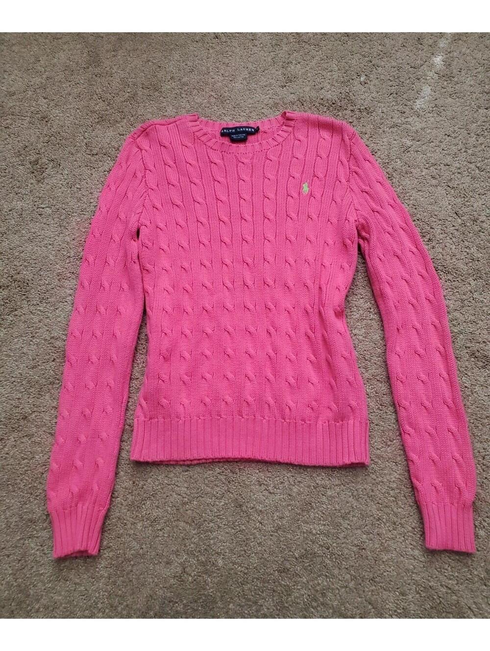 Polo Ralph Lauren Women's Small Pink Cable Knit Cotton Long Sleeve Sweater Logo